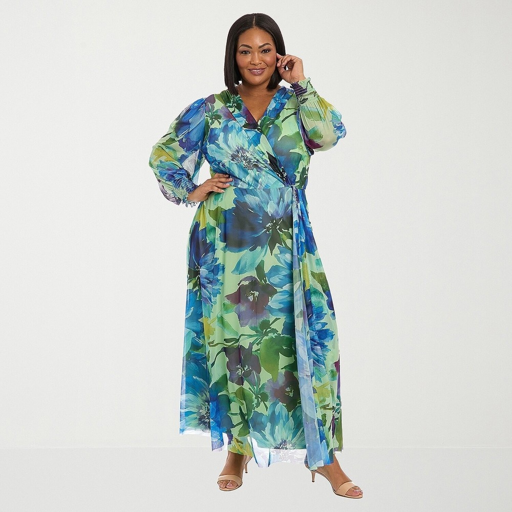 MSRP $109 Clover And Sloane Womens 1X Sage Blue V Neck Maxi Dress Long Sleeve
